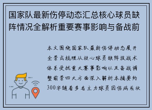 国家队最新伤停动态汇总核心球员缺阵情况全解析重要赛事影响与备战前景 国家队最新伤停动态汇总核心球员缺阵情况全解析重要赛事影响与备战前景